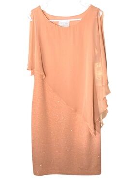 Chelsea Suite sparkling peach dress w/asymmetrical sheer cape NWT Women’s 12 |pp